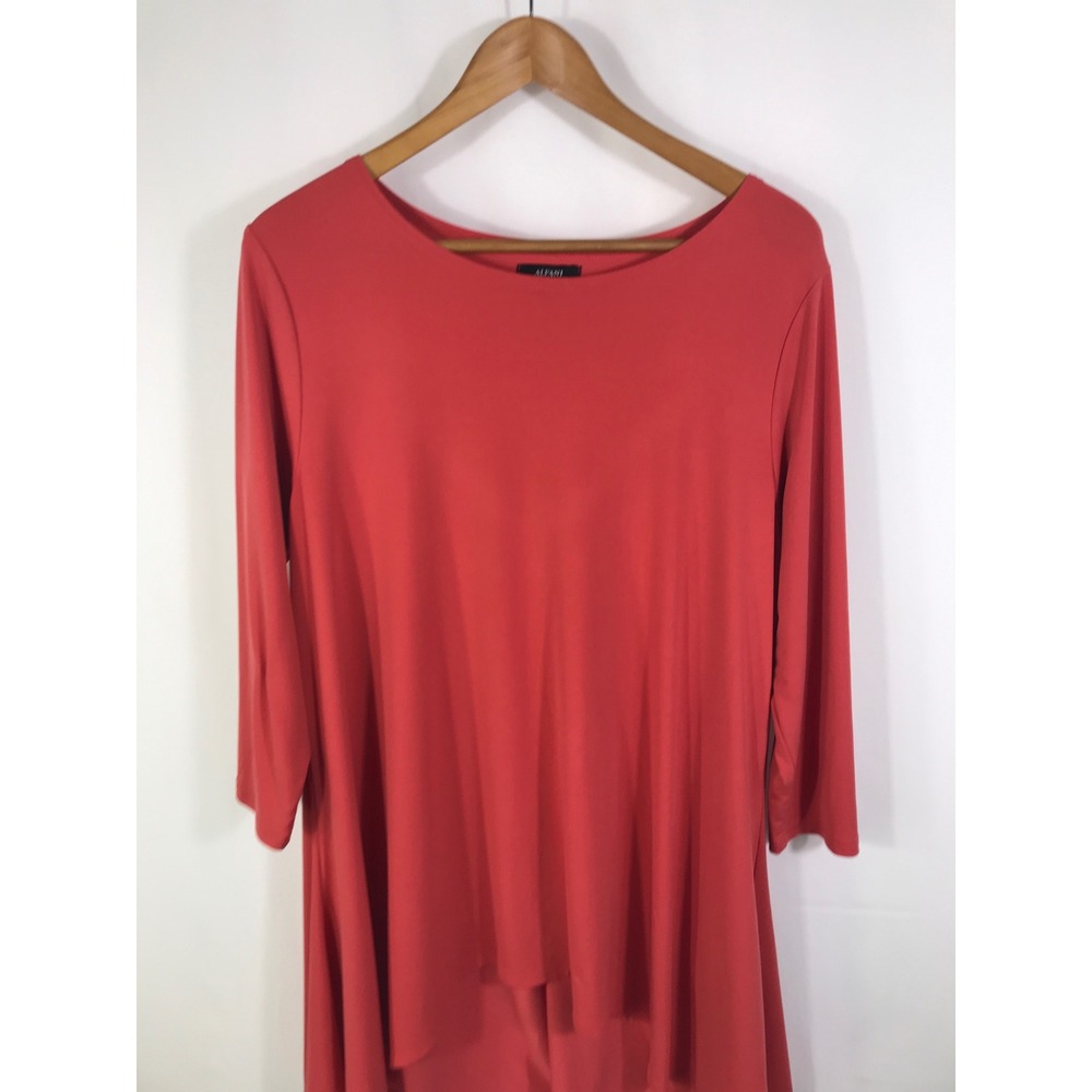 Alfani Tunic‎ Shirt Women's Sz L Stretch Swing Red Orange 3/4 sleeve High-low